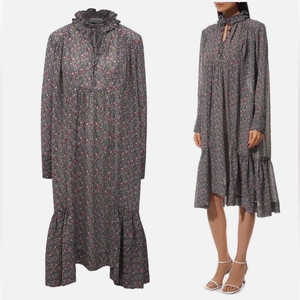 GANNI Women’s Ruffled Crepe Floral Print Midi Dress Size 44 / US 14